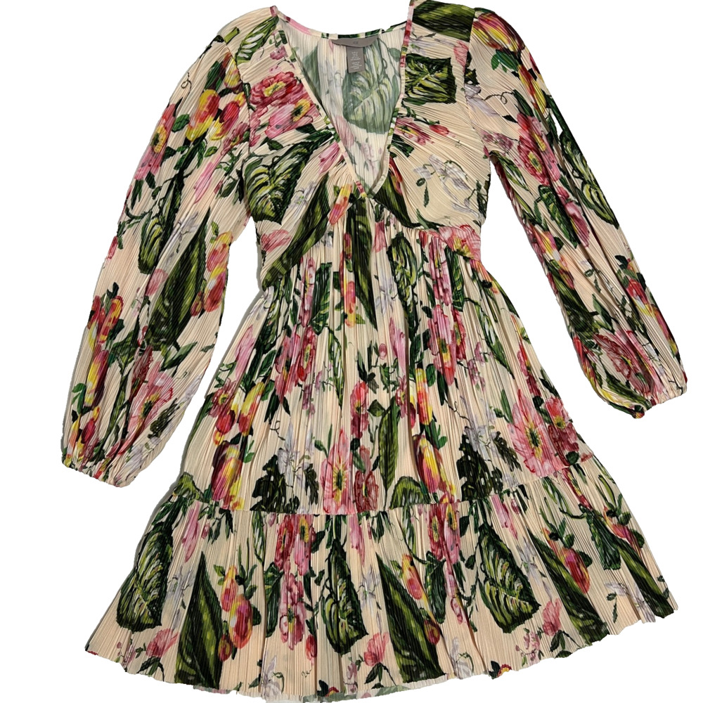 H&M Floral Plissé Pleated Mini Dress Long Balloon Sleeve Tiered Cream Pink VNeck